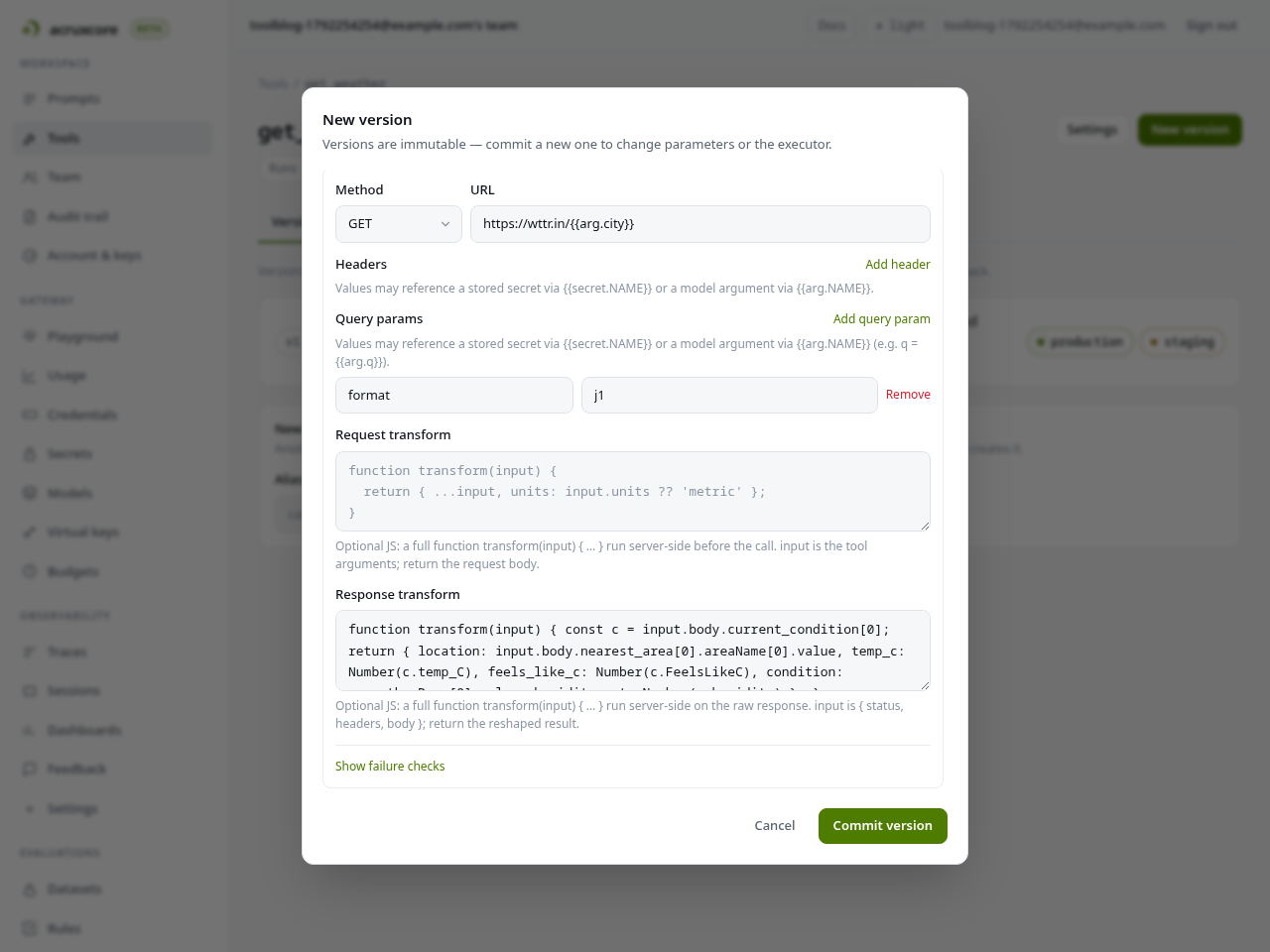 The get_weather version's http executor in the dashboard: method GET, a URL with an arg placeholder, the format query param, and the response transform