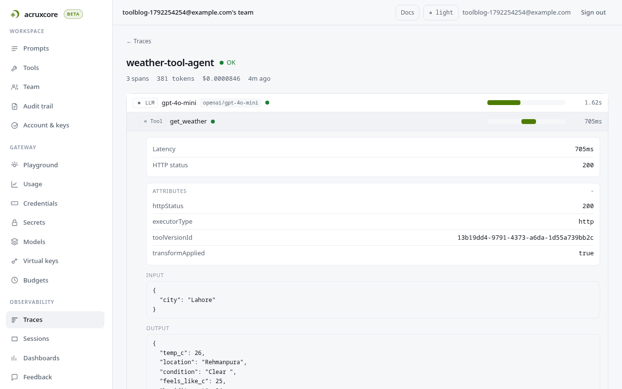 The tool span expanded: executorType http, httpStatus 200, the tool version id, transformApplied true, and the input and output