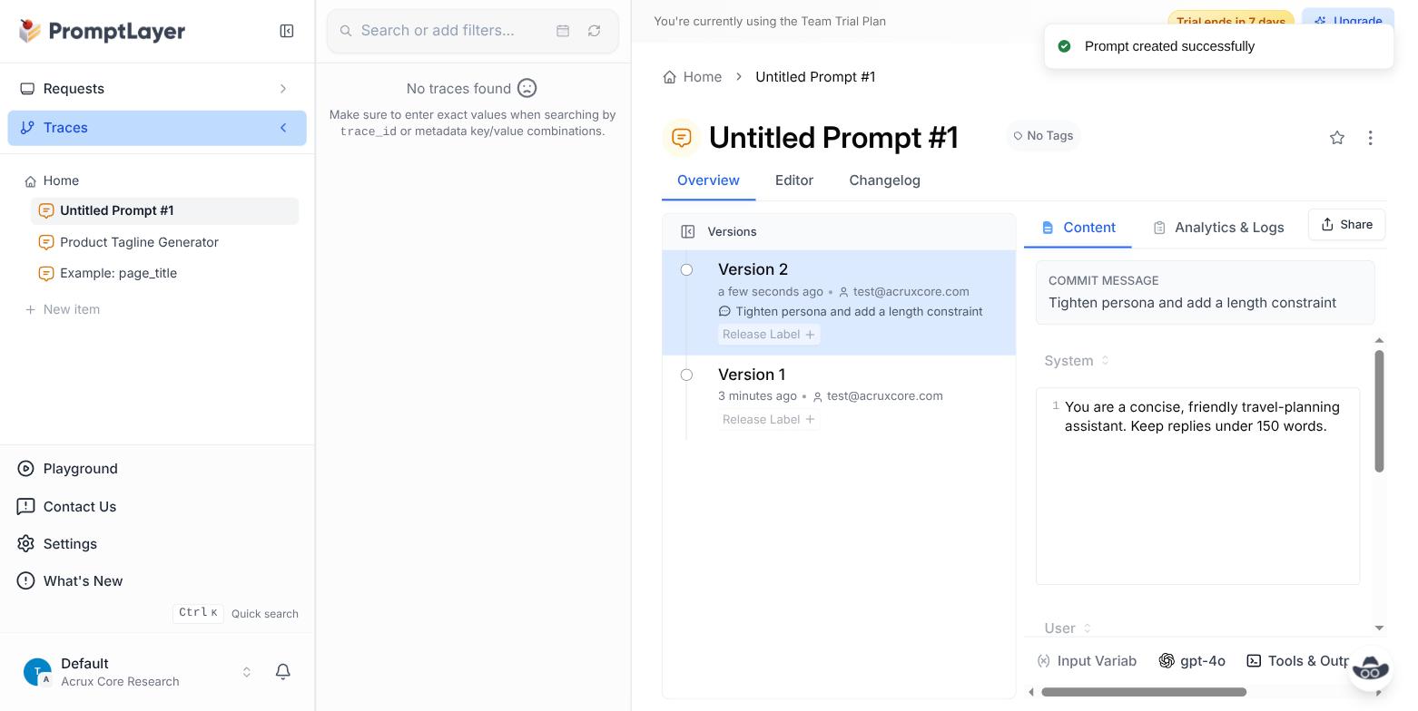 PromptLayer's version history panel showing Version 2 and Version 1 with commit messages and a "Release Label +" control, next to an empty Traces panel