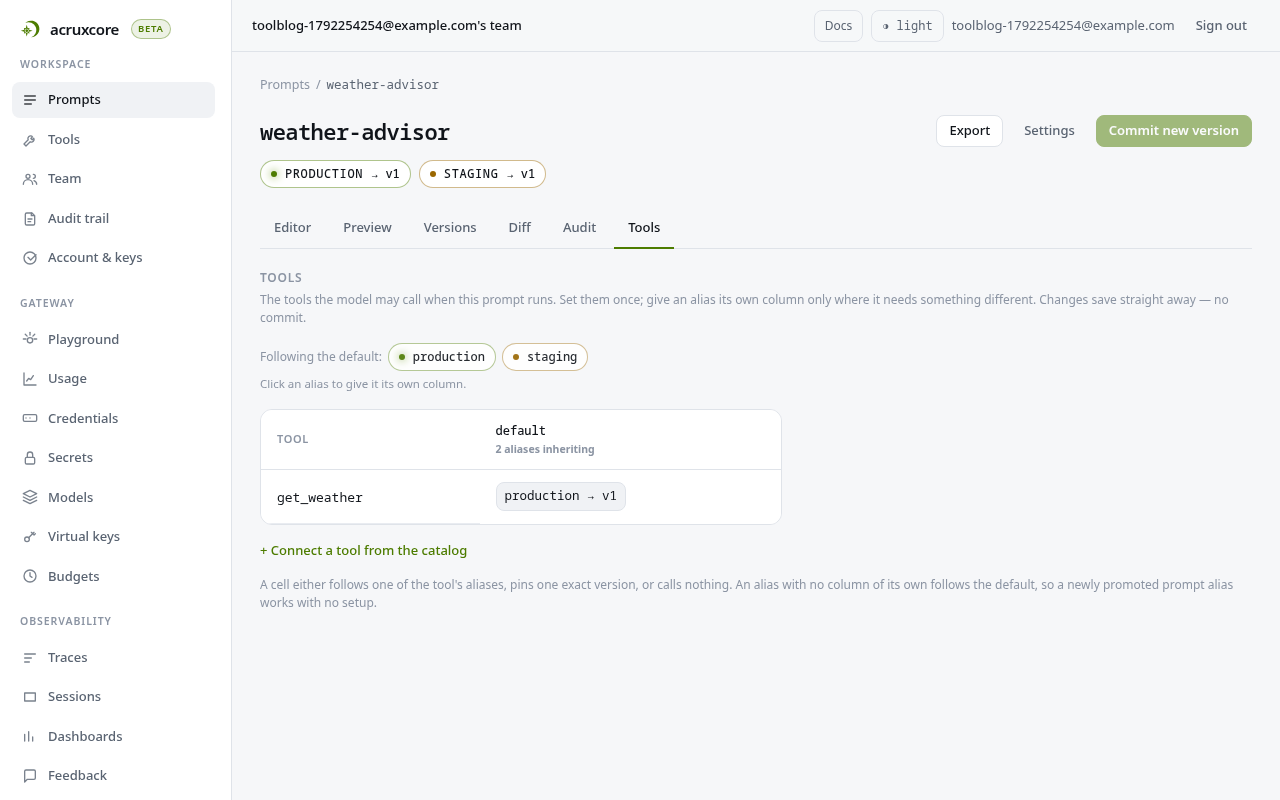 The weather-advisor prompt's Tools tab: get_weather is bound by default and follows the tool's production alias, v1