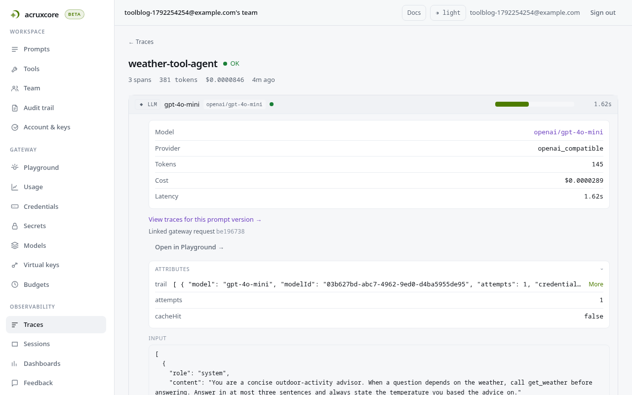 The first llm span expanded: model openai/gpt-4o-mini, cost $0.0000289, and a link to every trace of this prompt version