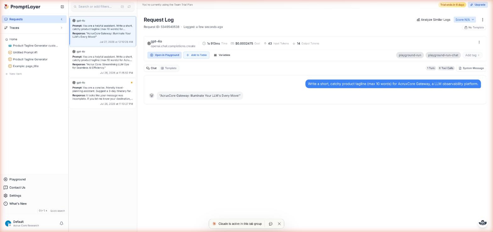 PromptLayer Request Log detail page for the new live request, showing gpt-4o, cost, and token counts