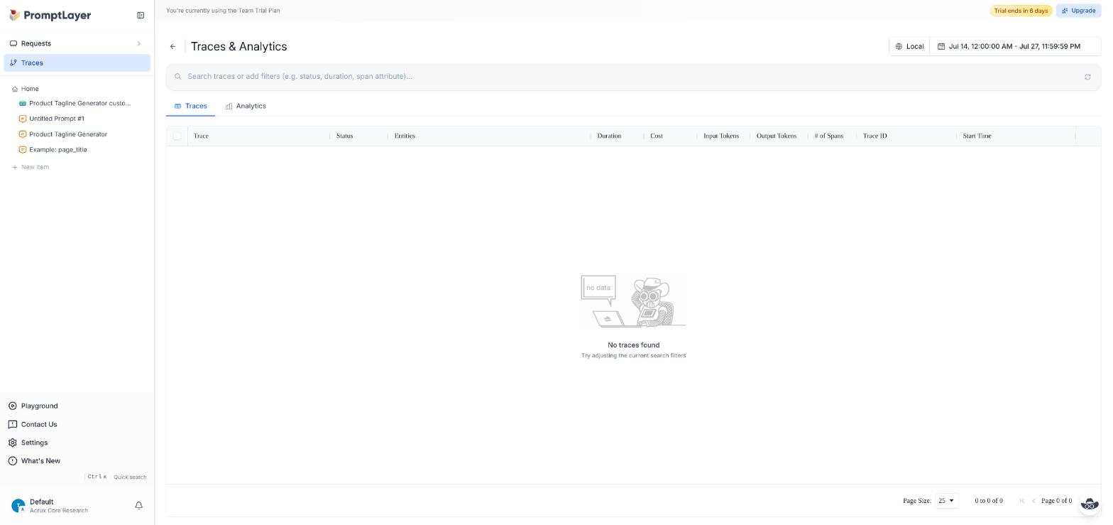 PromptLayer Traces & Analytics page showing "No traces found" even after a live model call