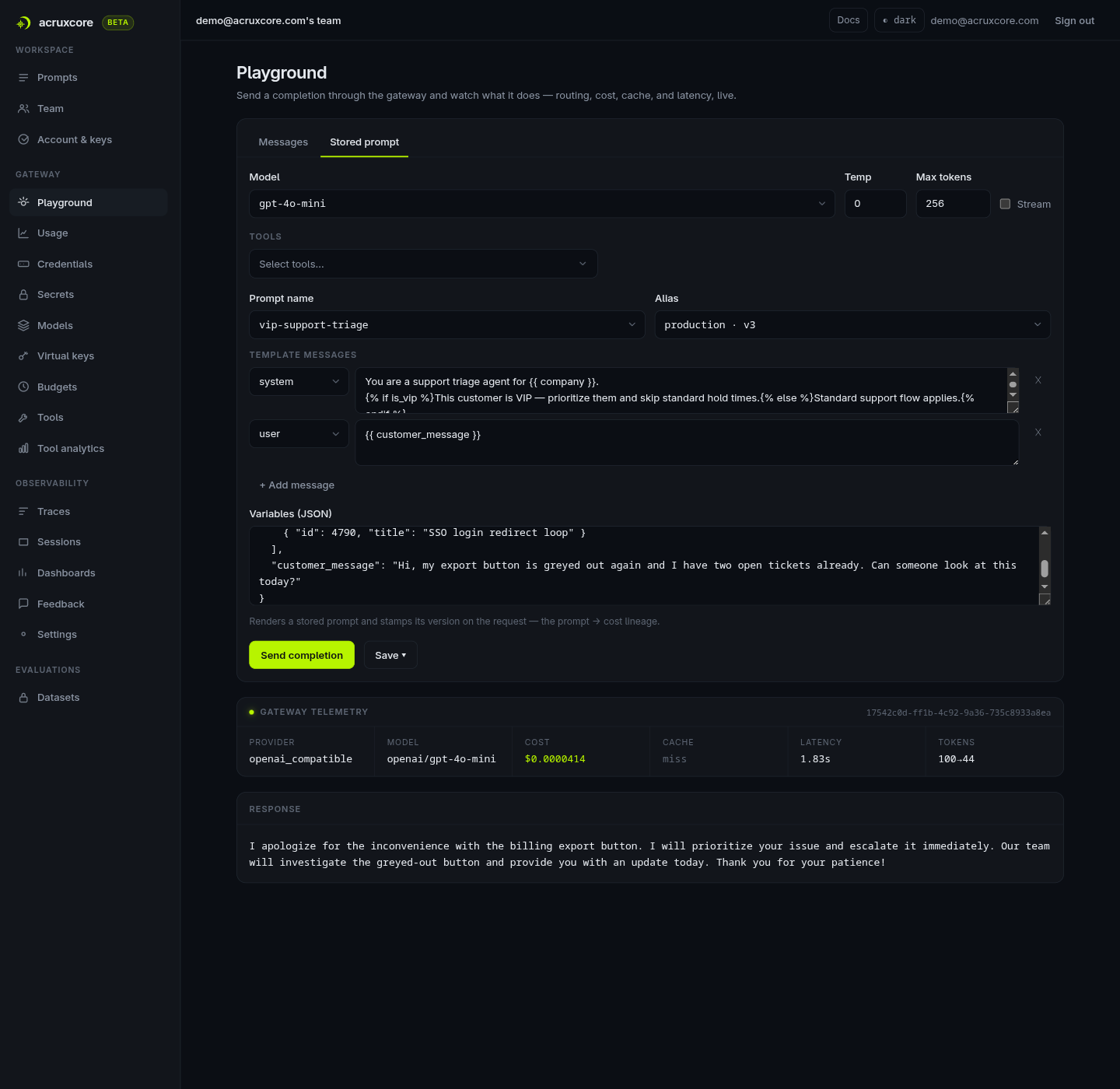 AcruxCore Playground's Stored-prompt tab, showing the same completion plus a Gateway Telemetry panel with provider, cost, cache status, and latency