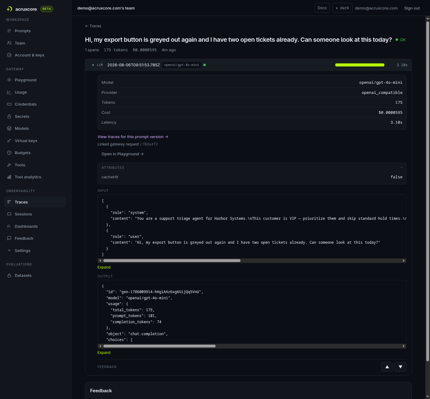 AcruxCore's trace detail: one LLM span with model, provider, tokens, cost, and latency, linked back to the exact gateway request and prompt version