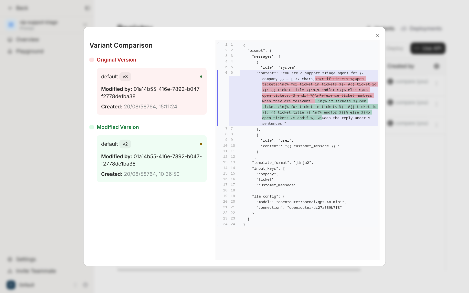 Agenta's Variant Comparison between default v3 and default v2, showing a JSON diff of the system message plus template_format jinja2, input_keys company, ticket and customer_message, and the model openrouter/openai/gpt-4o-mini