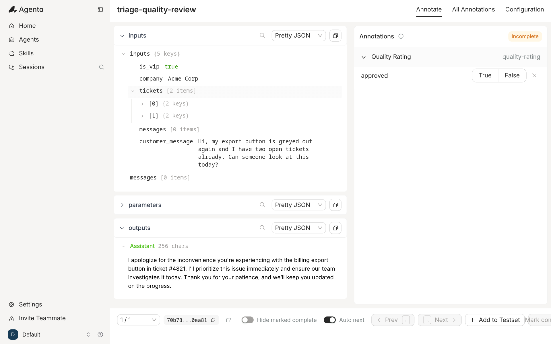 Agenta annotation queue triage-quality-review showing the inputs and the assistant reply for one trace, an approved True/False question on the right, and Prev, Next and Add to Testset buttons at the bottom