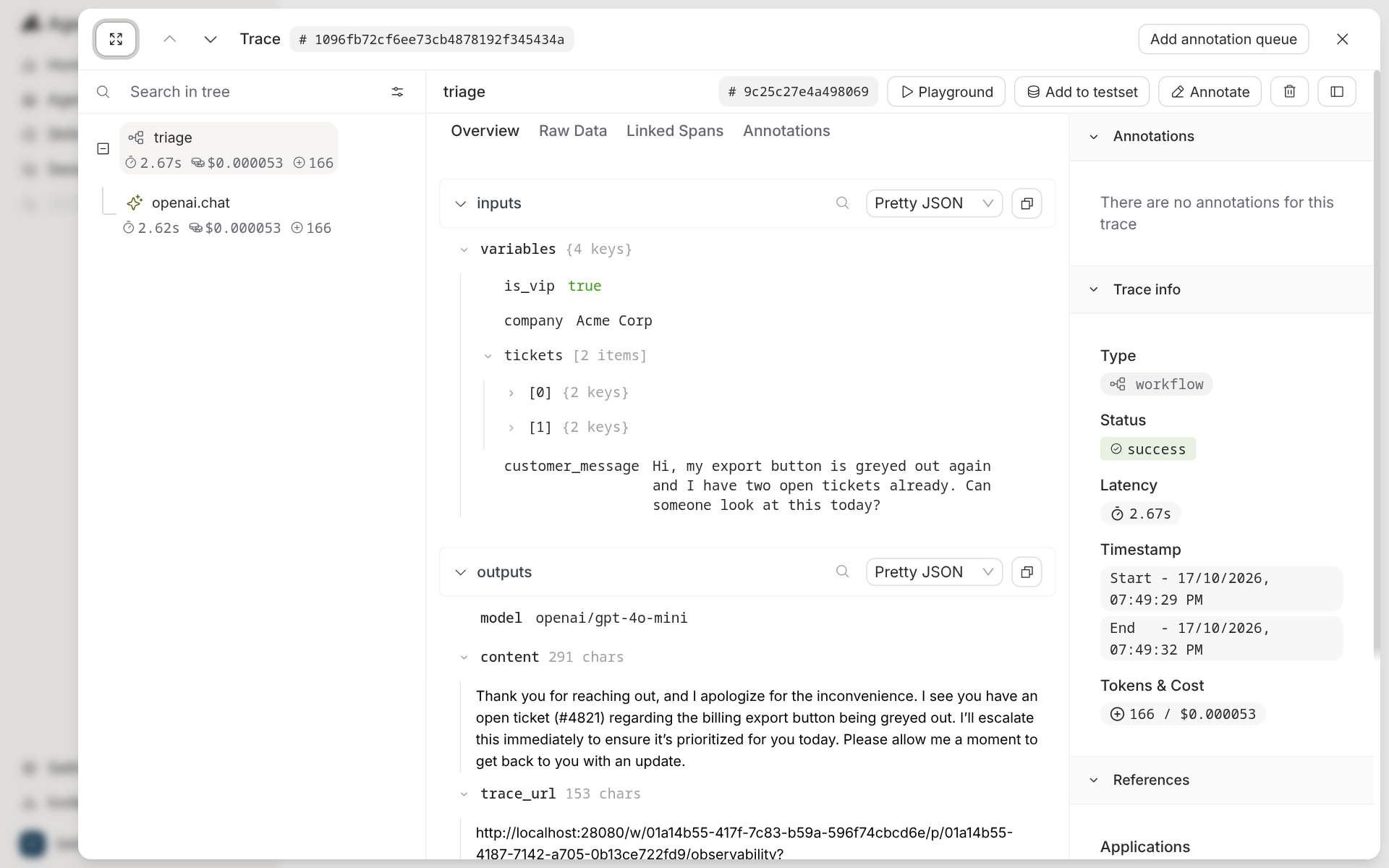 Agenta trace produced by the SDK script: a triage workflow span over an openai.chat child, 2.67 s, $0.000053, 166 tokens, with is_vip, company, tickets and customer_message as inputs and the model's reply as output