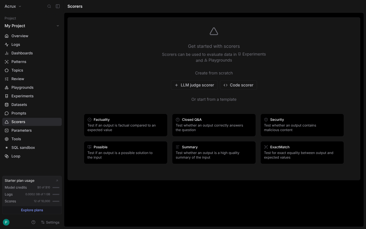 Braintrust scorers page: buttons for LLM judge scorer and Code scorer, above templates for Factuality, Closed Q&A, Security, Possible, Summary and ExactMatch