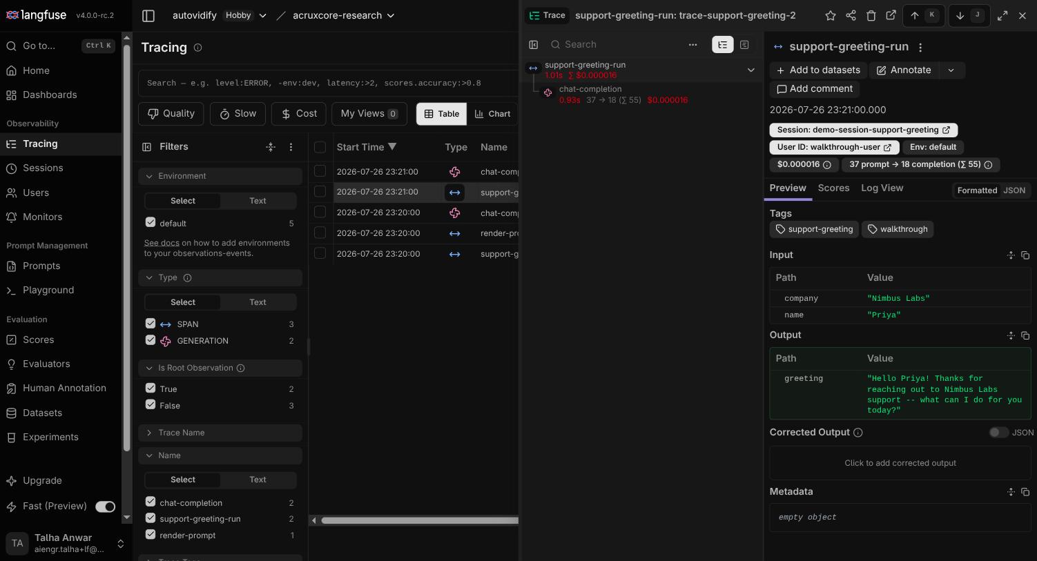 Langfuse trace detail panel showing session grouping, cost, token counts, and tags for a support-greeting-run trace