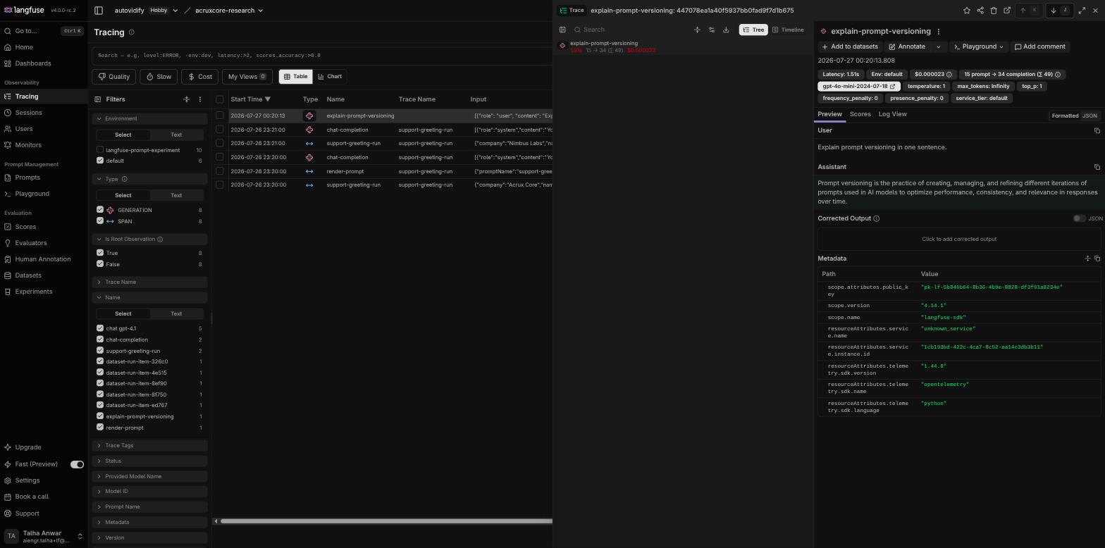 Langfuse trace detail for a script-generated call, showing real cost, latency, and OpenTelemetry SDK metadata