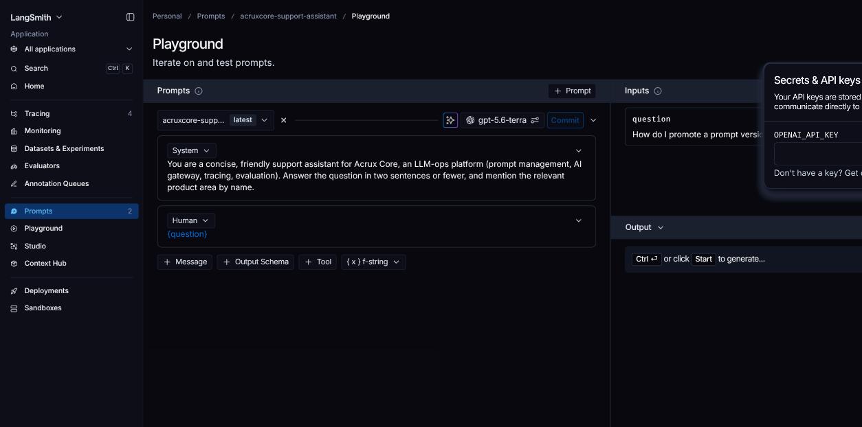 LangSmith Playground showing a "Secrets & API keys" panel requesting an OPENAI_API_KEY before the prompt can be run