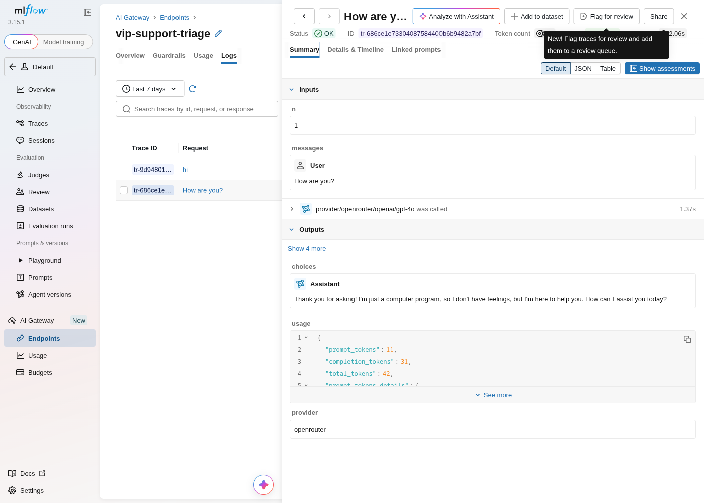 MLflow's trace detail for a single gateway call: Inputs showing the user message, a provider/openrouter/openai/gpt-4o span at 1.37s, Outputs with the assistant's reply, and a usage JSON block with prompt_tokens/completion_tokens/total_tokens but no cost field