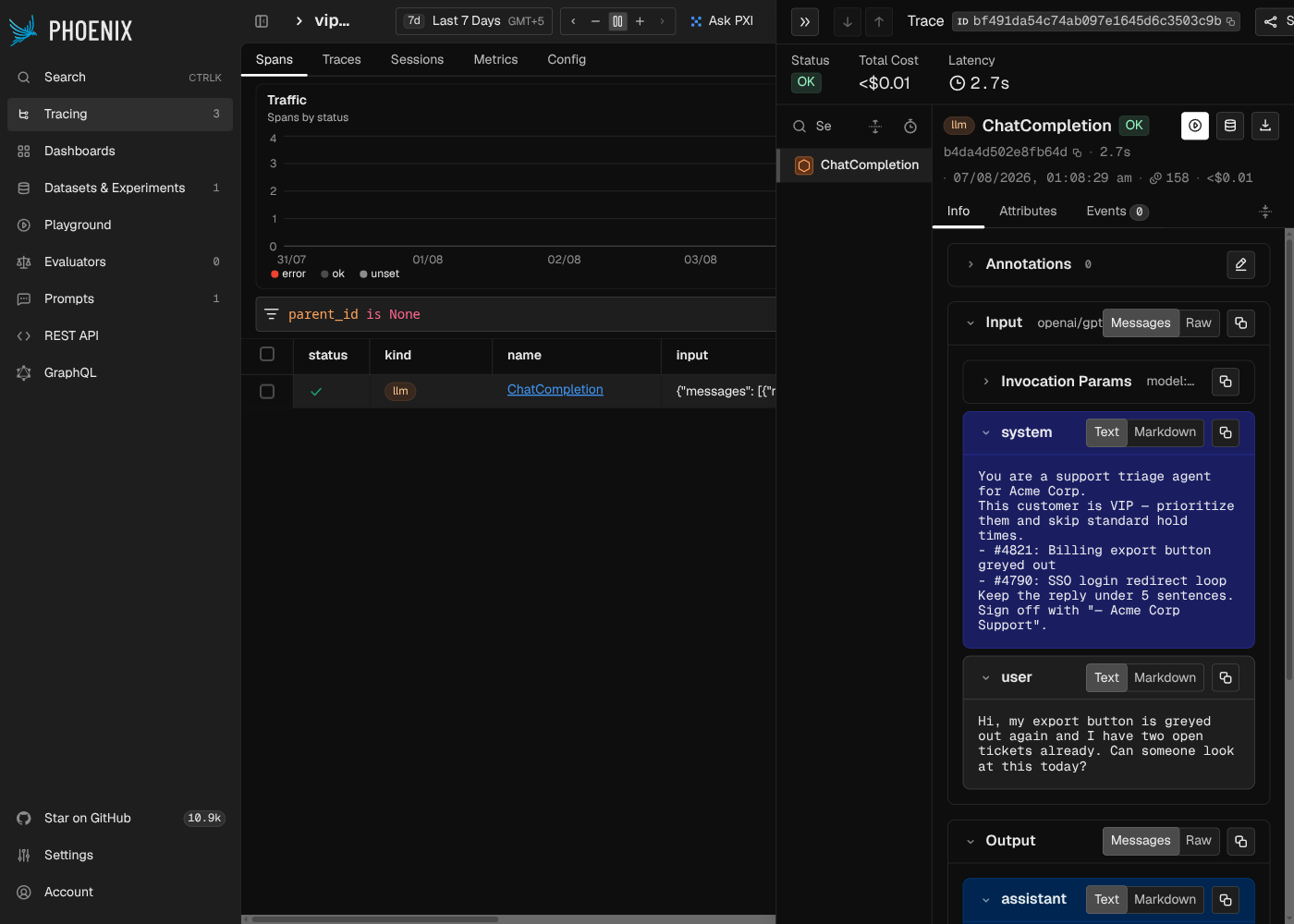 Phoenix's trace produced by the SDK script — the system message's ticket loop rendering correctly ("- #4821: ...", "- #4790: ...") because tickets is a real Python list, not a flat text box
