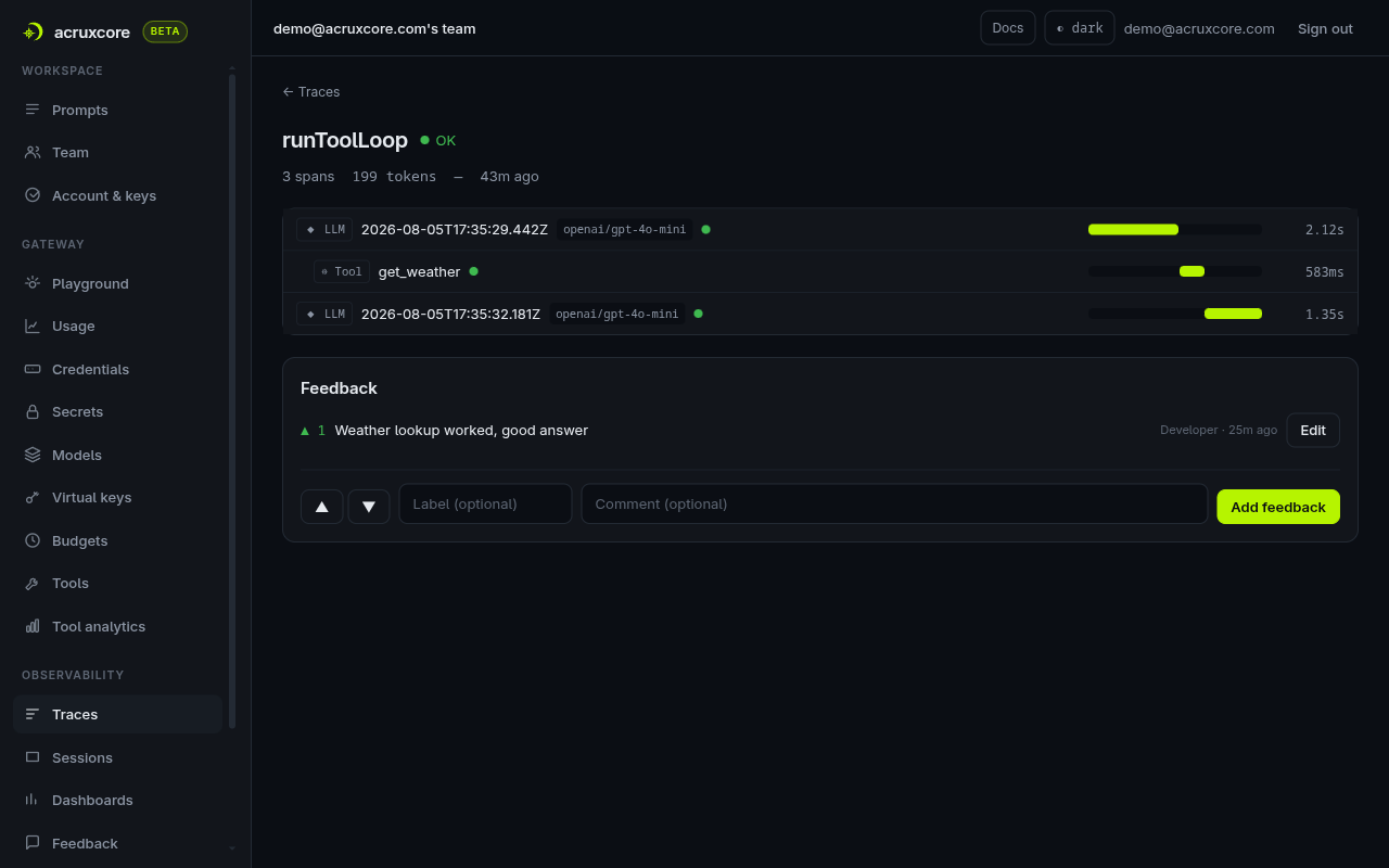 An AcruxCore trace detail page showing a runToolLoop trace with three spans — an LLM span, a get_weather tool span beneath it and a second LLM span — each with duration, plus a feedback panel.